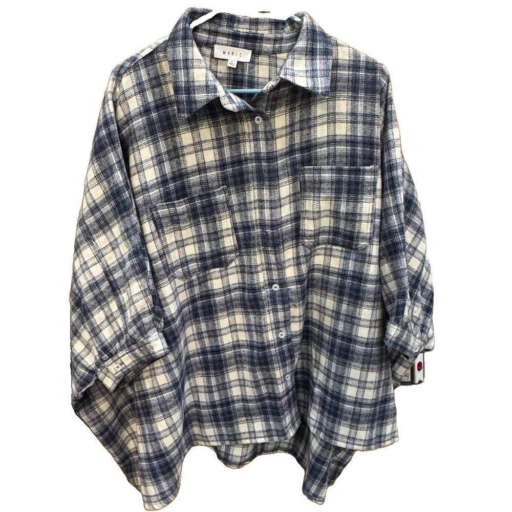 MABLE Oversized Flannel Plaid Shacket Button Down Poncho Shirt Sz L Lagenlook